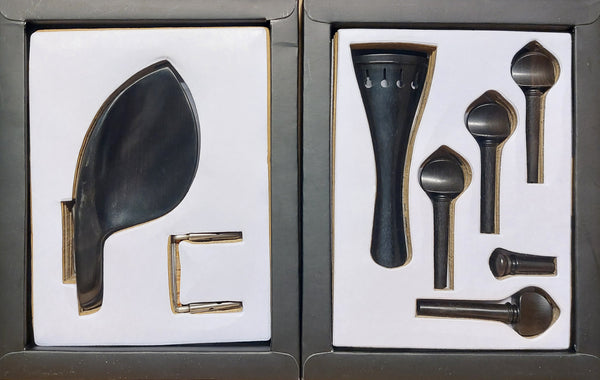 Swiss model violin pegs, tailpiece, end pin & chin rest set